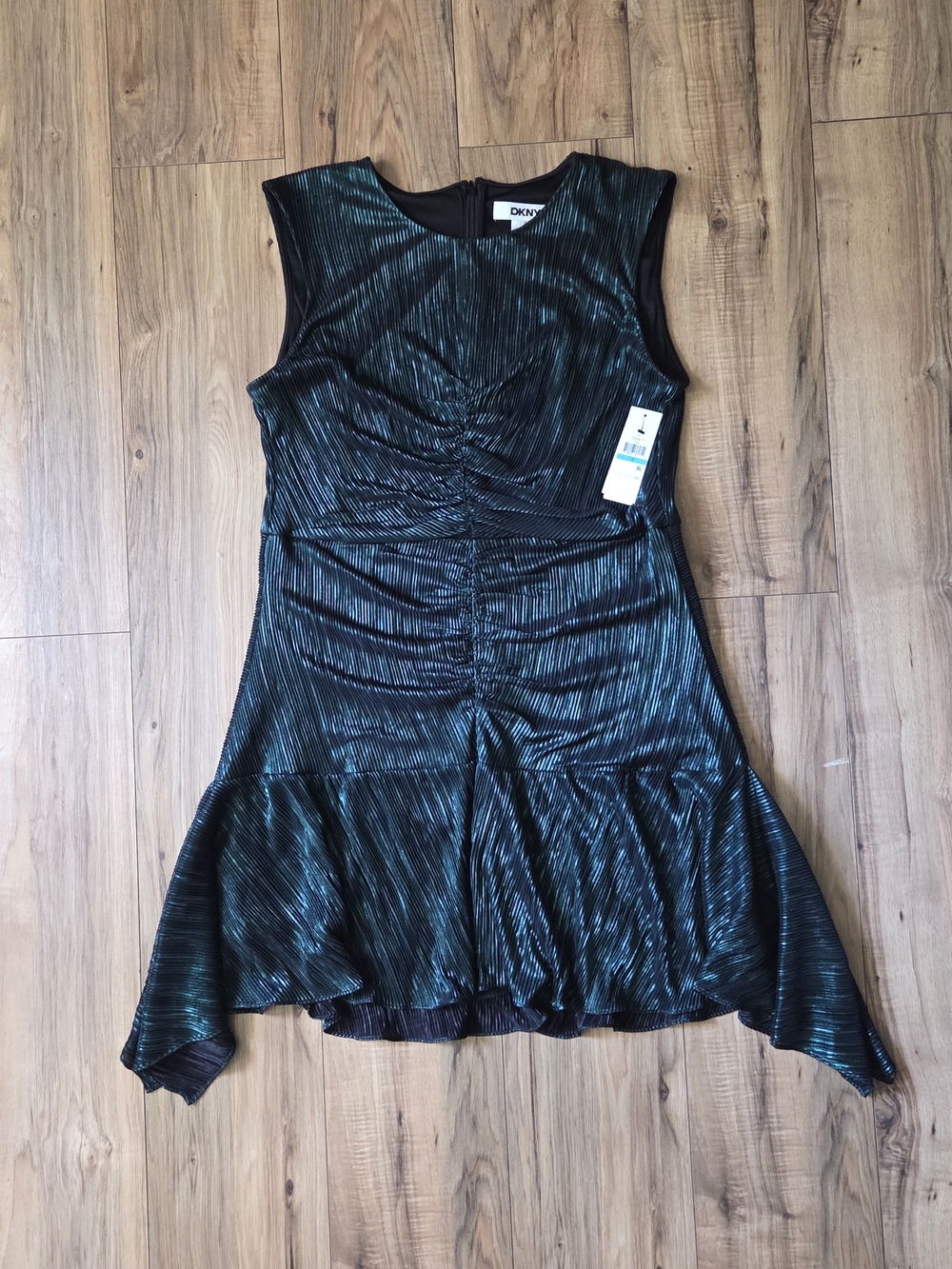 DKNY Metallic Teal Ruched Asymmetrical Hem Dress